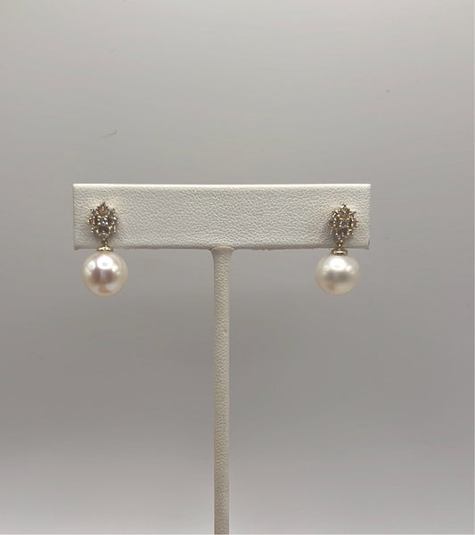 Cluster Diamond Pearl Dangle Post Earrings